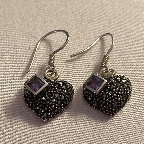NWOT - Sterling Silver Marcasite Heart & Amethyst Gem Drop French Hook Earrings* - Picture 1 of 8